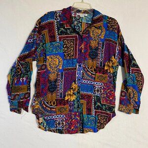 VTG Jeri Marque Button Up Shirt Womens 8 Multicolor Baroque Print Long Sleeve